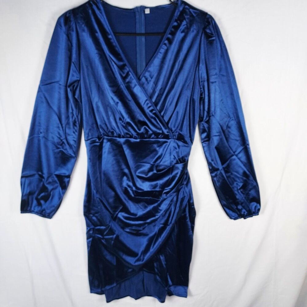 Yajedo Satin V-Neck Dress Size Small Blue Party/Cocktail Long Sleeve New